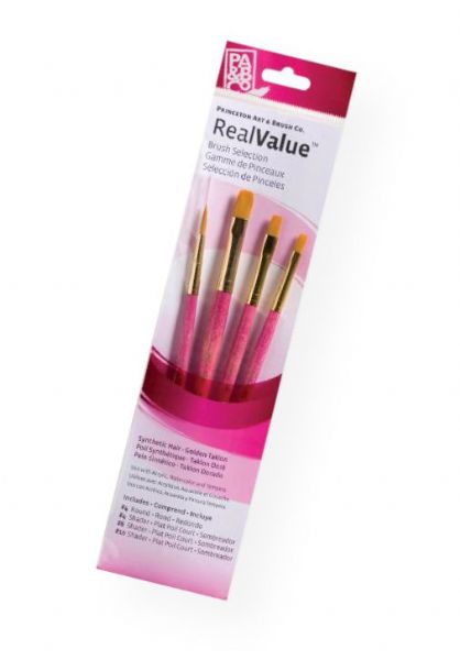 Princeton 9181 RealValue Watercolor, Acrylic and Tempera Golden Taklon Brush Set; These brush sets offer outstanding value and the broadest range available for both professional and novice artists; Choose from an assortment of short handle and long handle sets with various brush shapes for every painting need; Tri-lingual packaging; Set includes golden taklon brushes round 4, shader 4, 6, and 10; Contents subject to change; UPC 757063918857 (PRINCETON9181 PRINCETON-9181 REALVALUE-9181 ARTWORK)