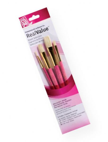 Princeton 9183 RealValue Oil, Acrylic and Stain Natural Bristle Brush Set; These brush sets offer outstanding value and the broadest range available for both professional and novice artists; Choose from an assortment of short handle and long handle sets with various brush shapes for every painting need; Tri-lingual packaging; Set includes natural bristle brushes round 3, shader 6, filbert 6, flat 8; UPC 757063918871 (PRINCETON9183 PRINCETON-9183 REALVALUE-9183 ARTWORK)