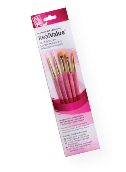 Princeton 9184 RealValue Watercolor, Acrylic and Tempera Golden Taklon Brush Set; These brush sets offer outstanding value and the broadest range available for both professional and novice artists; Choose from an assortment of short handle and long handle sets with various brush shapes for every painting need; Tri-lingual packaging; Set includes golden taklon brushes round 2, liner 1, grainer .25