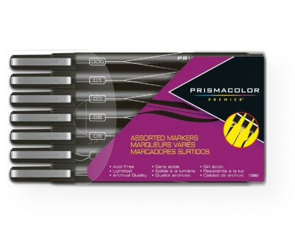 Prismacolor 1738862 Premier Illustration Marker Set; Permanent, pigmented, archival quality ink is acid-free, light-fast, non-bleed, and non-toxic; Water- and smear-resistant when dry; Results may vary based on paper characteristics; Ideal for crisp lines and detail work. Set includes .005, .01, .03, .05, .08, brush, and chisel nibs; UPC 070735753380 (PRISMACOLOR1738862 PRISMACOLOR-1738862 PAINTING DRAWING ILUSTRATION)