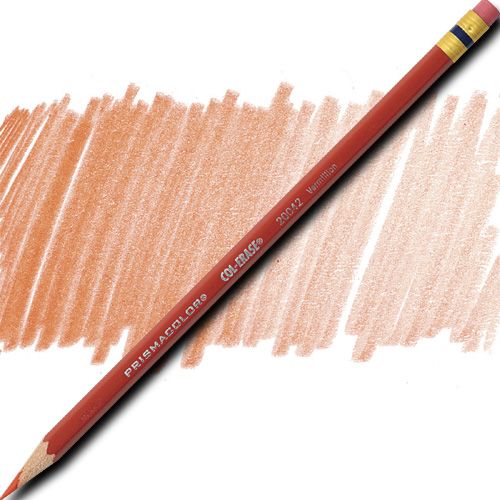 Prismacolor 20042 Col-Erase Pencil With Eraser, Vermilion, Barrel, Dozen; Featuring a unique lead that produces a brilliant color yet erases cleanly and easily, making them particularly well-suited for blueprint marking and bookkeeping entries; Each individual color is packaged 12/box; UPC 070530200423 (PRISMACOLOR20042 PRISMACOLOR 20042 COL-ERASE COL ERASE VERMILION PENCIL)