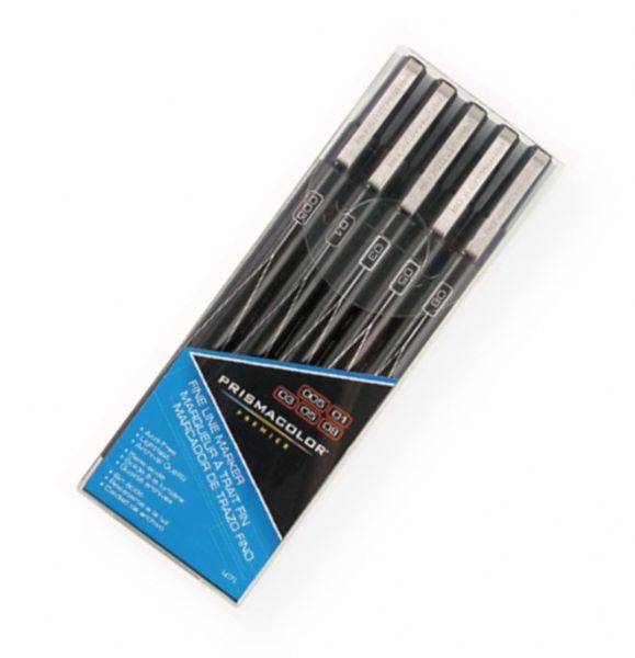 Prismacolor SN14171 Premier Black Fine Line Marker 5-Pack; Permanent, premium pigmented ink is non-toxic, archival quality, acid-free, and light-fast; It is also water-resistant, has no bleed through and is smear-resistant when dry; Results may vary based on paper characteristics; Ideal for crisp lines and detail work; Great for quick sketching, outlining, and creating texture; UPC 070735141712 (PRISMACOLORSN14171 PRISMACOLOR-SN14171 MARKER DRAWING)