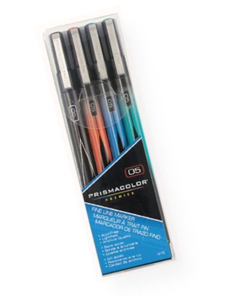 Prismacolor SN14172 Premier Fine Line Marker 4-Color Set; Permanent, premium pigmented ink is non-toxic, archival quality, acid-free, and light-fast; It is also water-resistant, has no bleed through and is smear-resistant when dry; Results may vary based on paper characteristics; Ideal for crisp lines and detail work; Great for quick sketching, outlining, and creating texture; UPC 070735141729 (PRISMACOLORSN14172 PRISMACOLOR-SN14172 DRAWING)