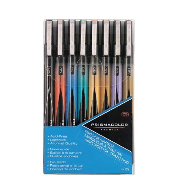 Prismacolor SN14174 Premier, Fine Line Marker 8 Color Set; Permanent, premium pigmented ink is nontoxic, archival quality, acid-free, and light-fast; It is also water resistant, has no bleed through and is smear resistant when dry; Results may vary based on paper characteristics, Ideal for crisp lines and detail work; Great for quick sketching, outlining, and creating texture; Dimension 5.5 x 0.5 x 3.4; Weight 1.00 lbs; UPC 070735141743 ( PRISMACOLOR-FINE-LINE PRISMACOLOR-SN14174 PRISMACOLORS