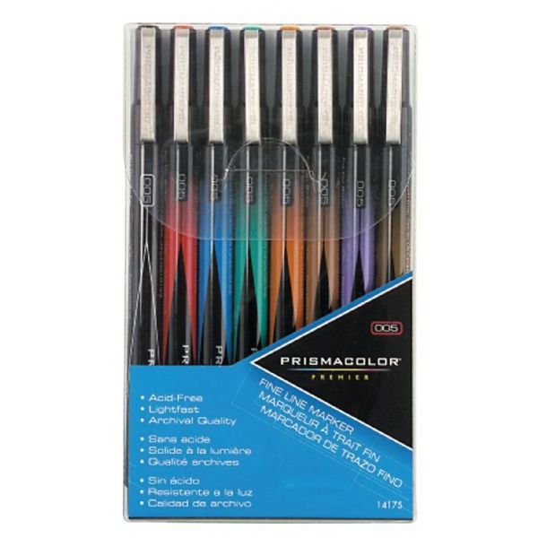 Prismacolor SN14175 Premier, Fine Line Marker 8 Color Set; Permanent, premium pigmented ink is nontoxic, archival quality, acid-free, and light-fast; It is also water resistant, has no bleed through and is smear resistant when dry; Results may vary based on paper characteristics, Ideal for crisp lines and detail work; Great for quick sketching, outlining, and creating texture; Dimension 5.5 x 0.5 x 3.4; Weight 1.00 lbs; UPC 070735141750 ( PRISMACOLOR-FINE-LINE PRISMACOLOR-SN14175 PRISMACOLORS