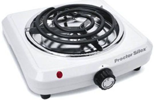 Proctor Silex 34101Y Single Electric Burner, White Color, Adjustable temperature control, Power light, Chrome drip pan, Wipes clean, Heats quickly, Weight 4 lbs; UPC PROCTORSILEX34101Y (PROCTORSILEX-34101Y PROCTORSILEX 34101Y PROCTORSILEX34101Y 34101Y)