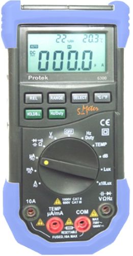 Protek 6300 Multimeter 3 3/4 Digit 5 in one DMM with Luminance, Sound level and Relative Humidity, 4,000 count Back lit display, Five meters in one, Humidity, Luminance, Sound level, Temperature +DMM, Buzzer and flashing light warning when leads are connected to wrong input and Overload (PROTEK6300 PROTEK-6300)