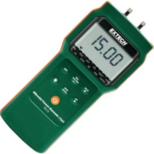 Extech PS115-NIST Differential Pressure Manometer (15psi) with Certificate of Calibration Traceable to NIST, Differential pressure manometer with +/-15psi measurement range, 11 measurement units, Manually store/recall 99 readings, Max/Min recording and Relative time stamp, Large LCD display with backlighting, Data Hold and Auto power off with disable (PS115NIST PS115 NIST PS-115 PS 115)