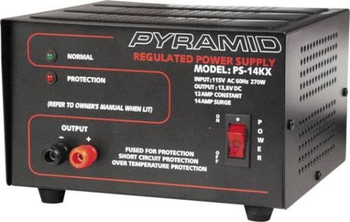 Pyramid PS14KX Regulated Power Supply; 12 AMP Constant/14 AMP Surge; Perfect for Home, Shop and Hobbyist, Input 115V AC, 60Hz, 270 Watts; Output: 13.8V DC; Powers Cellular Phones, 12V DC CB Radios, Scanners, HAM Radios, Autosound Systems; Screw Terminal Connectors; Electronic Overload Protection w/ Auto Reset (PS-14KX PS 14KX PS14K PS14)