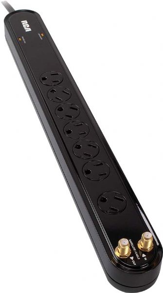 Audiovox PS27010B Seven Outlet Surge Protector, Black Color, 1 outlet has ample space for a large adapter power plug, 1500 joule surge protection, Illuminated indicator displays status of the surge at a glance, Integrated child safety covers for extra protection, 4 foot insulated cord, Integrated child safety covers for extra protection, Dimensions 9.5