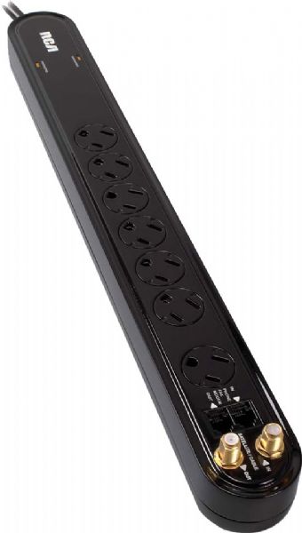 Audiovox PS27210B Seven Outlet Surge Protector, Protects phone, fax and modem lines; Black Color; 1 outlet has ample space for a large adapter power plug; 1500 joule surge protection; Illuminated indicator displays status of the surge at a glance; Integrated child safety covers for extra protection; Dimensions 11
