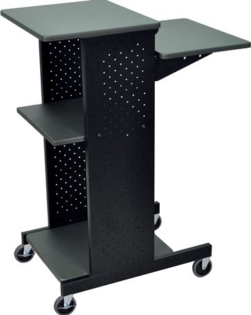 Luxor PS4000 Mobile Presentation Station, Gray; Four laminate work surfaces with steel frame; Second shelf from the top is adjustable in height to 33
