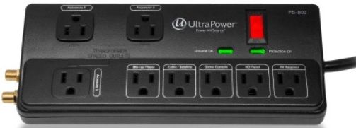UltraPower PS-802 PowerSource Multimedia Surge Protector, 8 Outlets, 330V/400V/400V Clamping Voltage, 15A Total Current Capacity, Surge Circuit Shutdown, 120VAC/60Hz/1800W Line Voltage, 30V Initial Clamping Level, Frequency 150KHz~100MHz, Attenuation Up to 58dB, 3 widely-spaced surge-protected outlets for oversize adapters, UPC 625889303013 (PS802 PS 802)