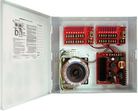 Seco-Larm PS-D1610-PUQ High Amperage DC power supplies, 16 Outputs, 3A Max Amp per Channel, 12.0~15.1 VDC - adjustable, 120VAC Input Voltage, Individual red status LEDs for each output, Includes enclosure, power charger and transformer, Output fuses rated 3A at 250VAC, Output adjustable to compensate for voltage drop, Main power switch with surge protection, Maximum 10 Amp continuous output current (PSD1610PUQ PS-D1610-PUQ PS D1610 PUQ)