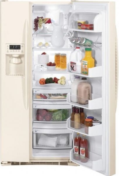 GE General Electric PSSF3RGZCC Side-by-Side Refrigerator, 23.1 cu ft Total Capacity, 15.86 cu ft Fresh Food Capacity, 7.26 cu ft Freezer Capacity, 23.8 sq ft Shelf Area, 2 Total Wire Freezer Cabinet Shelves, 3 Total 2 Adjustable Freezer Door Bins, 3 Total Wire 3 Slide-Out Freezer Storage Baskets, 3 Total Glass, 3 Adjustable, 2 Slide-Out, 2 Spill Proof, 1 QuickSpace Shelf, 2 Total Wire Freezer Cabinet Shelves, Bisque Color (PSSF-3RGZ PSSF 3RGZ PSSF3RGZ-CC PSSF3RGZ CC PSSF3RGZCC)
