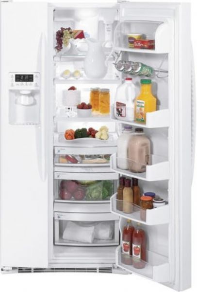 GE General Electric PSSF3RGZWW Side-by-Side Refrigerator, 23.1 cu ft Total Capacity, 15.86 cu ft Fresh Food Capacity, 7.26 cu ft Freezer Capacity, 23.8 sq ft Shelf Area, 2 Total Wire Freezer Cabinet Shelves, 3 Total 2 Adjustable Freezer Door Bins, 3 Total Wire 3 Slide-Out Freezer Storage Baskets, 3 Total Glass, 3 Adjustable, 2 Slide-Out, 2 Spill Proof, 1 QuickSpace Shelf, 2 Total Wire Freezer Cabinet Shelves, White Color (PSSF-3RGZ PSSF 3RGZ PSSF3RGZ-WW PSSF3RGZ WW PSSF3RGZWW)