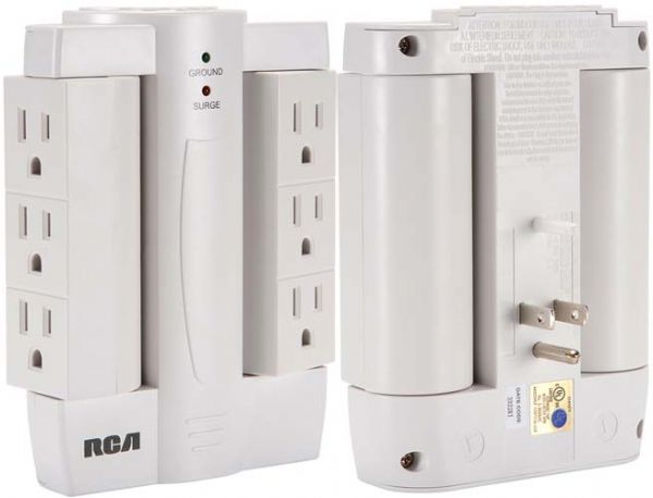 Audiovox PSWTS6R Six swivel outlet surge protector, 6 swivel outlets, Outlets swivel side to side 90 degrees, 1200 joules surge protection, Illuminated indicators show when the surge is grounded and protecting, Off white in color, Dimensions 6.2