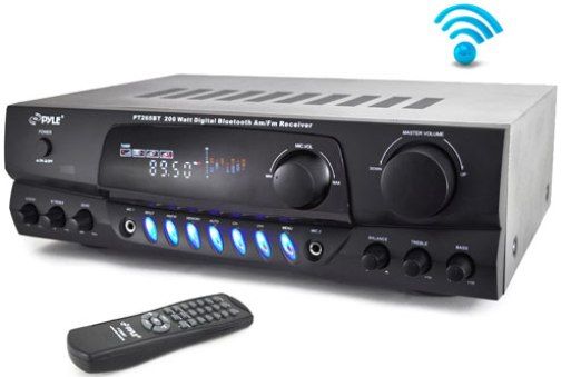 Pyle PT265BT Bluetooth Digital Receiver Amplifier with AM/FM Radio & Two Microphone Inputs for Karaoke Mixing; Bluetooth Wireless Music Streaming; Works with Virtually Any Bluetooth Enabled Device (iPhone, Android, Smartphones, Tablet, MP3 player, TV, PC etc.); Mix Two Microphones with Music from Bluetooth, AM/FM or Aux In for Karaoke Fun; UPC 068888754934 (PT-265BT PT 265BT PT265-BT PT265 BT)