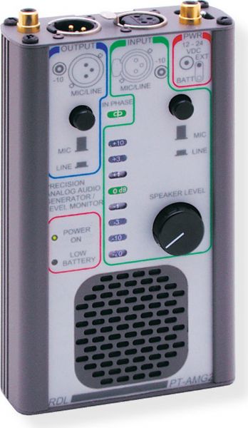 RADIODESIGNLABSPTAMG2 Portable Audio Signal Generator, and Monitor; Portable or bench audio generator, meter and monitor; Mic and line level audio tone oscillator with metering; Selectable Mic and line level input and output; Balanced and unbalanced connectorized inputs and outputs; Operation from standard 9 Volt batteries or 24 Vdc; +4 dBu or +6 dBu precision stable reference level; UPC 813721013545 (RADIODESIGNLABSPTAMG2 DEVICE SOUND SIGNAL CONTROL)