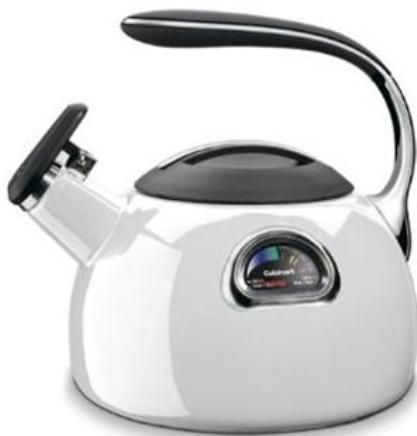 Cuisinart PTK-330W PerfecTemp Porcelain Teakettle, Porcelain enameled exterior with iron core, Comfortable silicone grip, Sleek energy saving design, Temperature gauge to get coffee or tea to the perfect temperature, Whistles when water is boiling, Hand wash (PTK-330W PTK330W PTK 330W)