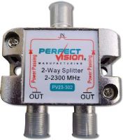 Perfect Vision Two Way Splitter Model PV23302 Splitter 2 Way; dB min RFI Shielding; Epoxy-Sealed Back-Cover; High-Performance Printed-Board Circuitry; Improved Hum Modulation and Inter-modulation; Yellow-Chromate Plating; Zinc-Alloy Cast Housing; 3/8" Precision Machined F-Connector Threads; Mounting Tabs with Screws; Cast-In Ground Block; UPC PERFECTVISIONPV23302 (PERFECTVISIONPV23302 PERFECT VISION PV23302 PV 23302 PERFECT-VISION-PV23302 PV-23302) 