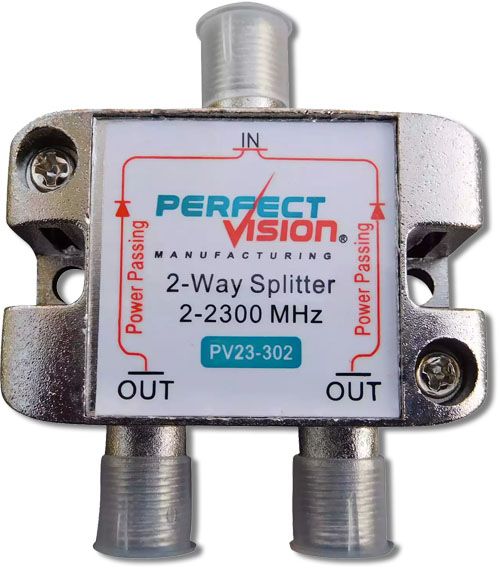 Perfect Vision Two Way Splitter Model PV23302 Splitter 2 Way; dB min RFI Shielding; Epoxy-Sealed Back-Cover; High-Performance Printed-Board Circuitry; Improved Hum Modulation and Inter-modulation; Yellow-Chromate Plating; Zinc-Alloy Cast Housing; 3/8