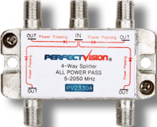 Perfect Vision Four Way Splitter Model PV23304 Splitter, 4-Way APP 5-2050 Mhz; 5 MHz to 2050 MHz Frequency Range; 1 x F-Type - Input Ports; 4 x F-Type - Output Port; Dimensions 2.25