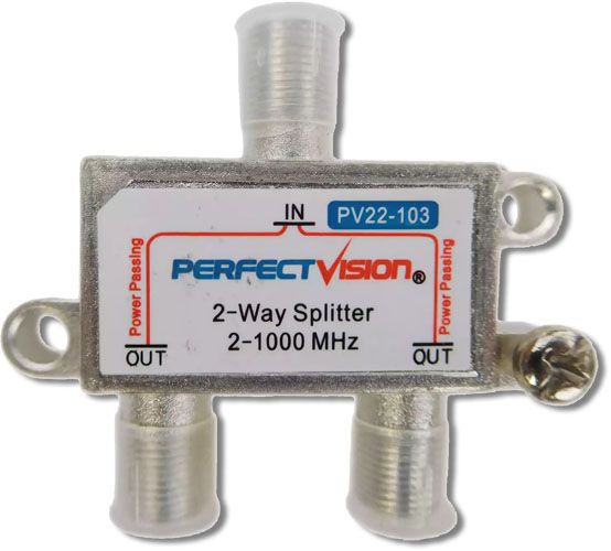 Perfect Vision Two Way High Frequency Splitter Model PV23402, 1 Port PP 2-2300 Mhz; Features Mounting Tabs with Screws; Cast-In Ground Block; 2 to 3000 MHz splitter; Fully cast nickel plated zinc case; Passes power on one port only; One port, indicated by the Power Passing text on the label, passes DC power in both directions; UPC PERFECTVISIONPV23402 (PERFECTVISIONPV23402 PERFECT VISION PV23402 PV 23402 PERFECT-VISION-PV23402 PV-23402)
