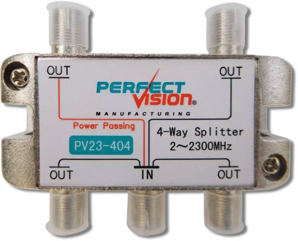 Perfect Vision Four Way High Frequency Splitter Model PV23404, 1 Port PP 2-2300 Mhz; Four-Way Splitter; 5 - 2300 MHz; Single Port Power Passing; Dimensions 2.50