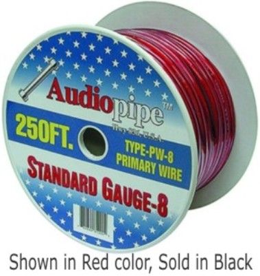 Audiopipe PW8250-BLK Standard Gauge-8 Primary Wire 250 Ft. Roll Cable, Black, O2 Oxygen Audio Free (PW8250BLK PW8250 BLK PW8250-B PW8250B PW-8250 Audio Pipe)