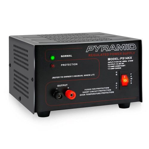 Pyramid Model PS14 12 Amperes (14 Amperes Surge) Power Supply with Screw Terminal Connectors, Overload Protection and Auto Reset; Perfect for Home, Shop and Hobbyist; Input: 115V AC, 60Hz, 270 Watts; Output: 13.8V DC; 12 AMP Constant/14 AMP Surge; UPC 068888701662 (12 AMP CONSTANT 14 AMP SURGE 13.8V DC POWER SUPPLY PYRAMID-PS14 PYRAMID PS14 PYRPS14)
