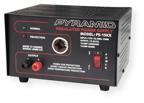 Pyramid Model PS15 10 Amperes (12 Amperes Surge) Power Supply with Cigarette Socket, Overload Protection and Auto Reset; Perfect for Home, Shop and Hobbyist; Input: 115V AC, 60Hz, 270 Watts; Output: 13.8V DC; 10 AMP Constant/12 AMP Surge; UPC 068888701679 (10 AMP CONSTANT 12 AMP SURGE 13.8V DC POWER SUPPLY PYRAMID-PS15 PYRAMID PS15 PYRPS15)