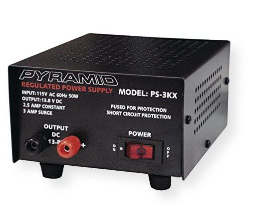 Pyramid Model PS3 3 Amperes Power Supply; Perfect for Home, Shop and Hobbyist; Input: 115V AC, 60Hz, 50 Watts; Output: 13.8 V DC; 2.5 AMP Constant / 3 AMP Surge; Powers Cellular Phones, 12V DC CB Radios, Scanners, HAM Radios, Autosound Systems; UPC 068888701556 (3 AMPEREs SURGE 13.8V DC POWER SUPPLY PYRAMID-PS3 PYRAMID PS3 PYRPS3)