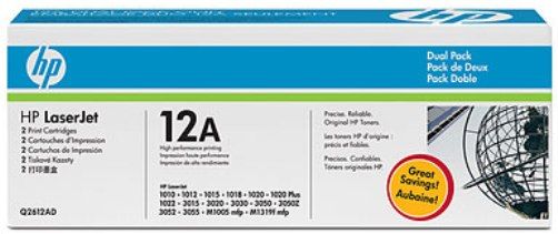 HP Hewlett Packard Q2612AD HP LaserJet 12A Dual Pack Black Print Cartridges, New Genuine Original OEM HP Hewlett Packard brand, Up to 2000 Pages at 5% Coverage, Work with HP LaserJet 1012, 1018, 1020, 1022, 1022n, 1022nw Printers, 3050, 3052, 3055 & M1319f Multifunction Printers (Q26-12AD Q26 12AD Q2612A)