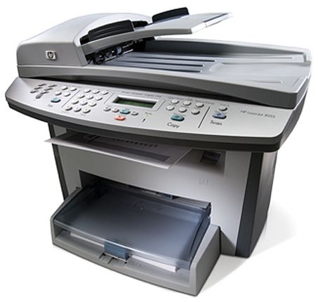 HP Hewlett Packard Q6503A#ABA model LaserJet 3055 All-in-One, Multifunction B/W, laser, copying up to 19 ppm, printing up to 19 ppm, 260 sheets, 33.6 Kbps, Hi-Speed USB, 10/100 Base-TX, Versatility in a compact, flatbed design, Professionally print, copy, and scan, 64 MB of Memory, Up to 1200 x 1200 dpi Print quality, Up to 99 copies Maximum number of copies (Q6503A ABA Q6503AABA 3055)