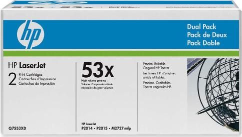 HP Hewlett Packard Q7553XD model 53x Dual Pack Toner Cartridge, Laser Printing Technology, Black Color, 2 Included Qty, HP Smart printing Cartridge Features, Up to 7000 pages Duty Cycle, New Genuine Original OEM HP Hewlett Packard, For use with HP Printers P2015, P2015D, P2015DN, P2015X, M2727NF MFP and M2727NF Series (Q7553XD Q 7553XD Q-7553XD Q7553-XD Q7553 XD)