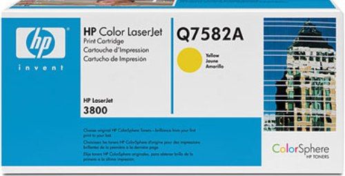 HP Hewlett Packard Q7582A Color LaserJet Q7582A Yellow Print Cartridge, New Genuine Original OEM HP Hewlett Packard brand, Work with HP Color LaserJet 3800t 3800dn 3800dtn 3800n CP3505dn CP3505n & CP3505x Printers, Average cartridge yields 6000 standard pages (Q75-82A Q-7582A Q7582)