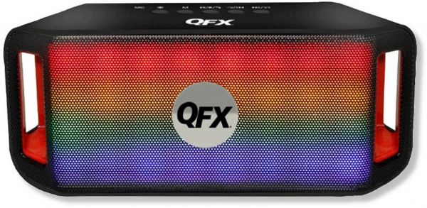 QFX BT-151 Sound Burst Portable Bluetooth Speaker, Black Color, FM Radio, Stream Music From Bluetooth, Hands-Free Bluetooth Calling, Dynamic Programmable LED Lights, That Pulse to the Music, USB, Micro-SD, Aux In, Lithium 1200mAh Batteries, Micro-USB Charging Port, 2-3hrs Playback, Dimensions 7.5