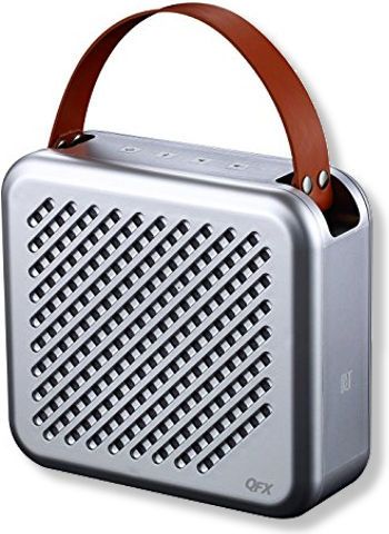 QFX E-7 Elite Series Bluetooth Speaker, Silver Color, High Fidelity Sound, Big Sound, Bluetooth, Touch Button, Rechargeable Battery, Luxury Leather Strap, Ipx-5 Water-Resistant, USB Charge, Aux-In, NFC, Dimensions 6.69