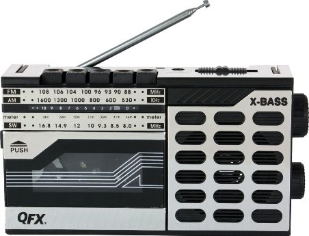 QFX J-7 Rerun Retro Radio and Cassette Recorder/Player, Silver, Vintage Radio Style, AM/FM/SW Tuner, Cassette Player and Recorder, FF/REW Function, Auto-Stop System, Built-In Antenna, AC Power Supply 120/240V, DC Power Supply 3V (