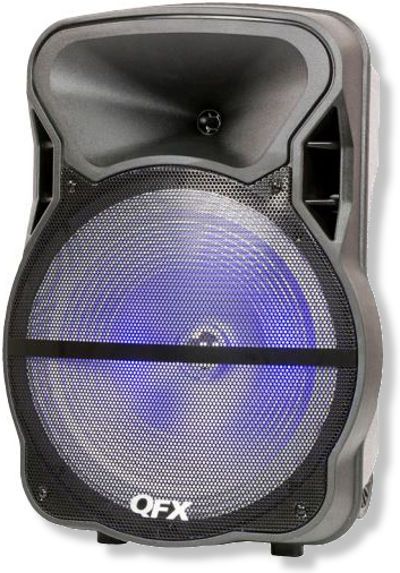 QFX PBX-61151 Battery Powered Bluetooth Pa Speaker, Black Color, Bluetooth Streaming, USB/SD Player with remote control, LED Display, RCA In, Supports USB/SD Card Input, Handle and Caster Wheel, Dimensions 19