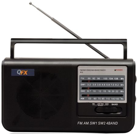 QFX R-3 Personal Portable AM/FM/SW1/SW2 Radio, Black, High Power Dynamic Speaker, LED Power Indicator, Earphone Jack 3.5mm, Telescopic Antenna, Handle Bar, AC 120V 60Hz, DC 4.5, 3XD Batteries, Batteries not included, Gift Box Dimension 9.5