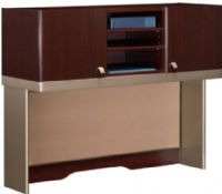 Bush QT1485CS Quantum Harvest Cherry 47" Tall Hutch, 2 cabinets for storage, 2 adjustable shelves in the open compartment, Fabric covered tack board for memos and notes, Cut out at the bottom for wire management, All melamine construction, Decorative metal frame (QT-1485CS QT 1485CS) 