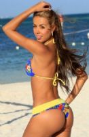 Ujena R221B Hawaiian Banded Thong Bikini Bottom, Top sold Separately as R221T, Fold over waistband, Thong back, Fully lined, Hawaiian Nylon/Lycra fabric, Yellow Nylon/Lycra fabric (R221-B R221-BOTTOM R221BOTTOM R221)