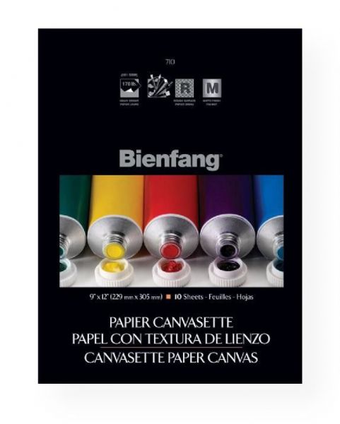 Bienfang R270121 Paper Canvasette Pad 9 x 12; Canvas-like rough surface texture may be easily stretched, mounted, or used directly in the pad; Pre-primed matte finish prevents cracking, bleed through, peeling, or oil deposit rings; 10-sheet pads; Shipping Weight 1.00 lb; Shipping Dimensions 12.00 x 9.00 x 0.25 in; UPC 079946159004 (BIENFANGR270121 BIENFANG-R270121 BIENFANG/R270121 ARTWORK)