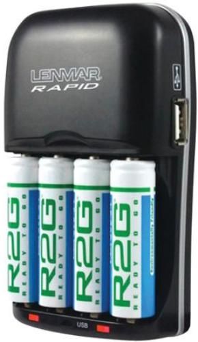 Lenmar R2G804U Four-Hour AAA/AA AC/DC Battery Charger with USB Output & 4 AA Ready-To-Go Batteries, Portable charger for AAA/AA NiMH batteriesrecharges batteries in 4 hours, Compact design with 100V240V flip-up AC plug to charge AAA or AA batteries, Includes 4 ready-to-go AA 2150mAh rechargeable batteries, UPC 029521560688 (R2G-804U R2-G804U R2G804-U R2G804)