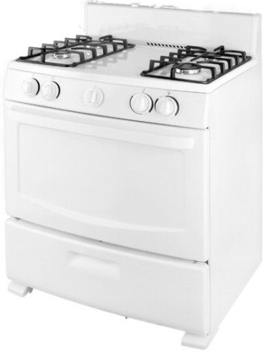 Summit R301W Gas Range 30-Inch, White with Black Glass Window, 4.3 cu.ft. Capacity, Sealed gas burner, Electronic ignition, Large oven capacity, Two oven racks, Porcelain top, Convertible for natural or LP gas, Broiler drawer included, Broiler pan included, Heavy duty continuous grates, Saftey knobs (R-301W R301-W R301)