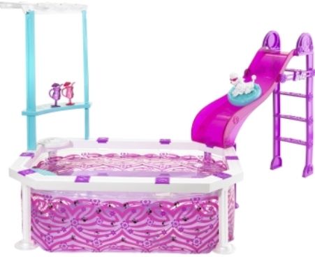 Mattel R4206 Barbie Glam Pool, Includes bar area for refreshing summer drinks, Relaxing float for Barbie or her pup to use, Perfect for Barbie dolls parties, Doll not included, Age Grade 3 & up (R42-06 R42 06 R4-206 R-4206)