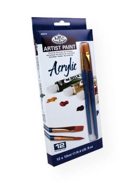 Royal & Langnickel RACR12 12-Color Acrylic Paint Sets; Water-based with a buttery consistency and are fast drying; Thin colors with water for transparent colors, or use colors full strength for bold, opaque coverage; 12ml tubes; 12-color set includes 2 brushes; Shipping Weight 0.5 lb; Shipping Dimensions 4.12 x 10.00 x 1.12 in; UPC 090672028570 (ROYALLANGNICKELRACR12 ROYALLANGNICKEL-RACR12 ROYALLANGNICKEL/RACR12 ARTWORK)
