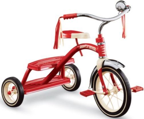 Radio Flyer 33 Classic Red Dual Deck Tricycle, For ages 2-5 years, 75 lbs. Weight Capacity, Retro tricycle styling, Chrome handlebars and fender, Sturdy steel construction, Double deck rear step, Durable steel spoked wheels with real rubber tires, Ringing chrome bell, Adjustable seat (RADIOFLYER33 RADIOFLYER-33 RADIOFLYER)